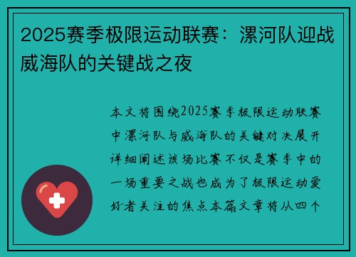 2025赛季极限运动联赛:漯河队迎战威海队的关键战之夜
