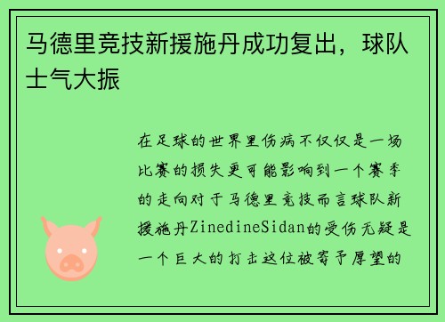 马德里竞技新援施丹成功复出，球队士气大振